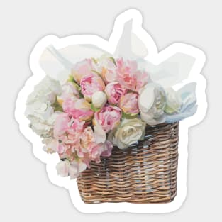 Bunch of pink and white peonies flowers in a wicker basket Sticker